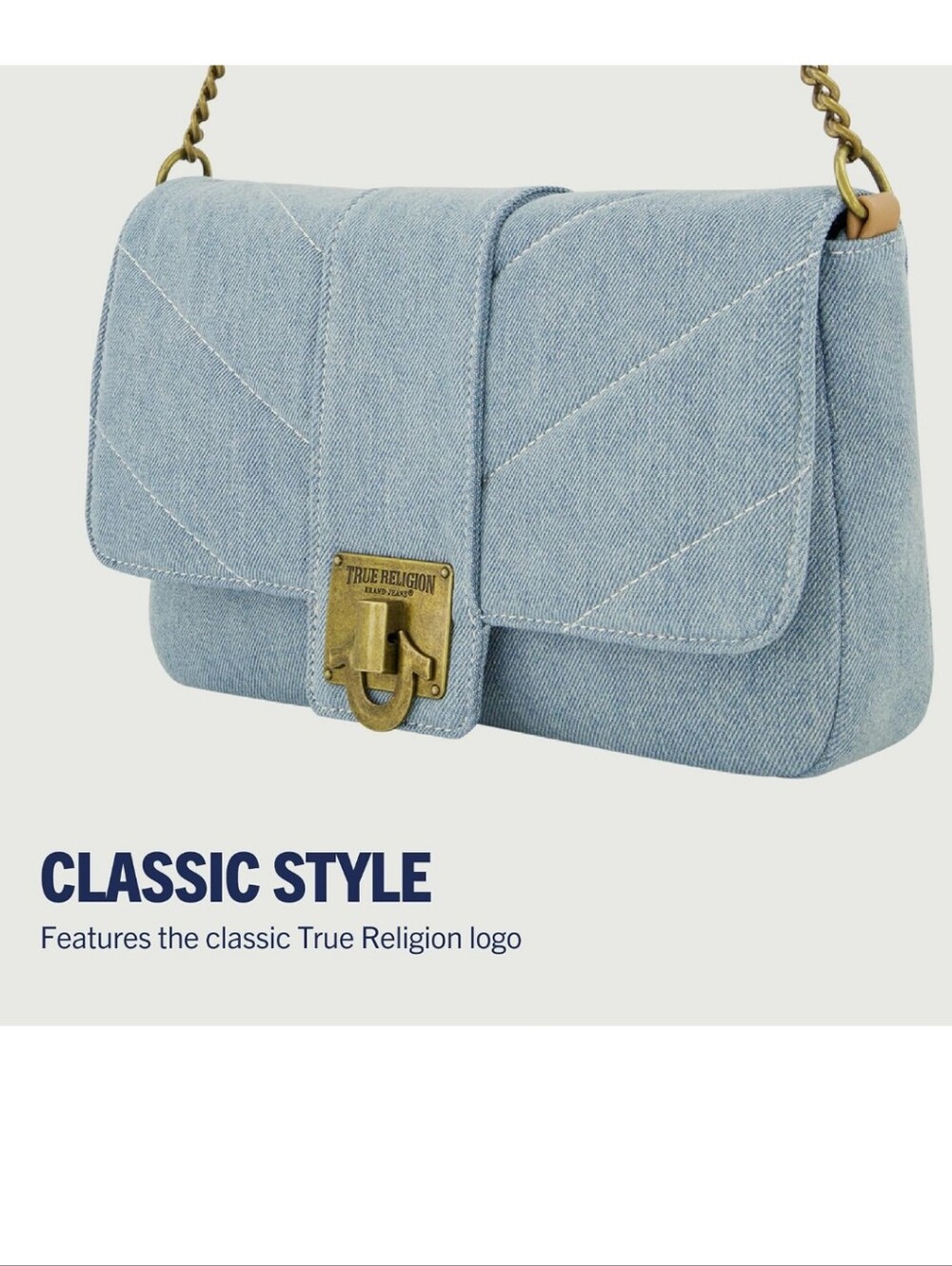 True Religion Denim Quilted Shoulder Handbag Bag Blue Chain Purse Clutch Flap